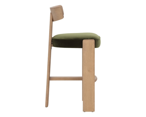 Sunpan HORTON Barstool - Rustic Oak Frame with Forest Green Upholstery for Modern Dining & Bar Spaces 112396