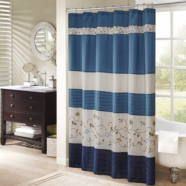 JLA Home Madison Park - Faux silk floral shower curtain in navy with tone-on-tone embroidery, hotel-inspired luxury look MP70-3452