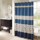 Madison Park Serene Transitional Faux Silk Embroidered Floral Shower Curtain MP70-3452 Navy