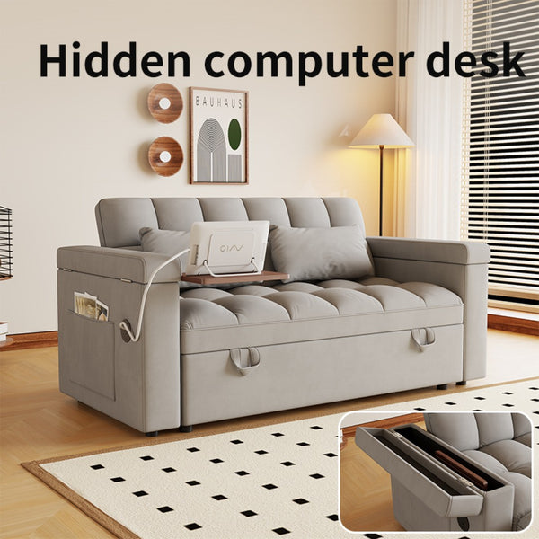 English Elm 65-inch Velvet Convertible Sleeper Sofa with Usb Port Storage Armrests Adjustable Back Light Gray W2564S00116