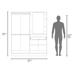 English Elm CaneMulti-Functional Wardrobe & Vanity with Mirror, Hanging Rod, Shelves, Drawer — Space-Saving White B128S00179