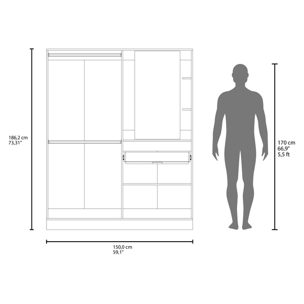 English Elm CaneMulti-Functional Wardrobe & Vanity with Mirror, Hanging Rod, Shelves, Drawer — Space-Saving White B128S00179