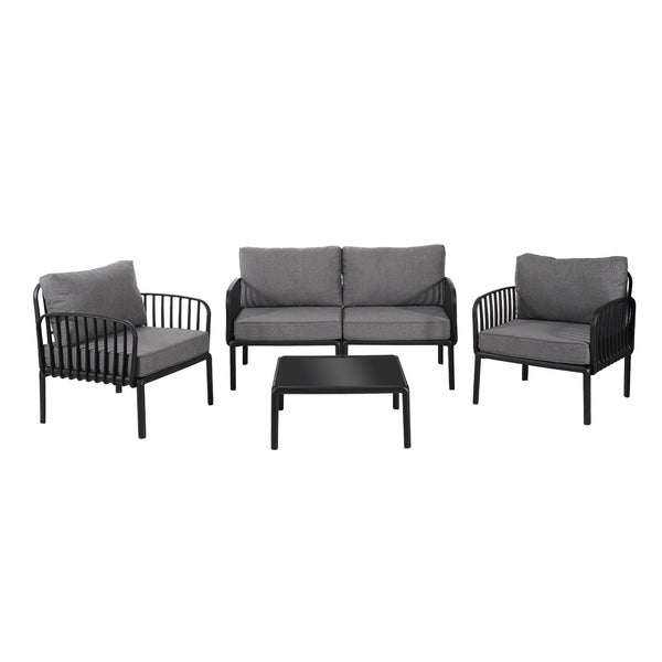 English Elm Christopher Knight Home® - 5 Modern Patio Conversation Set with Deep Seating, Waterproof Cushions, Glass Coffee Table, Durable Black+ Gray N780P19945449B