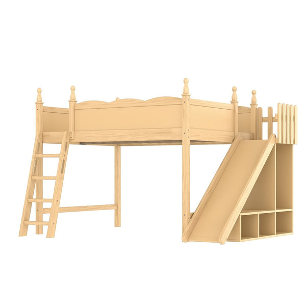 English Elm Queen Solid Pine Loft Bed with Wardrobe Shelves Detachable Slide and Dual Sleeping Zones Natural W5305S00027