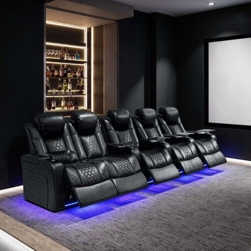 English Elm 155.5"power Reclining Sectional Nappa Leather Home Theater Seating with Rgb Lighting W3819S00098