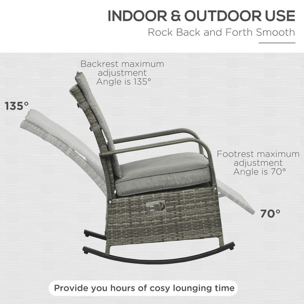 English Elm Outsunny Outdoor Rattan Rocking Recliner With Cushions, Adjustable Footrest & Durable Gray Wicker W2225P174015-GIGA
