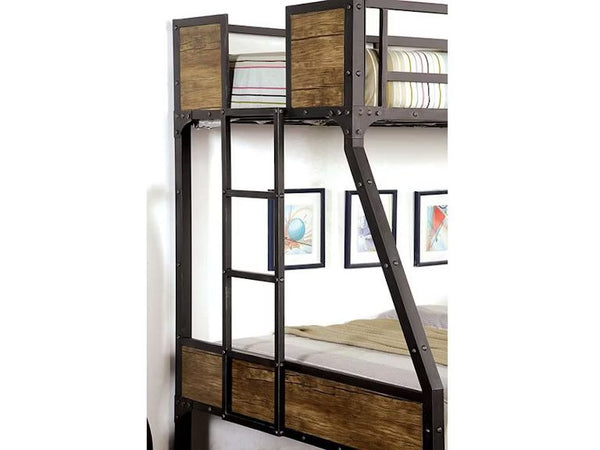English Elm Twin Industrial Metal Bunk Bed with Wood Panels and Built-In Ladder, Guarded Top, Versatile Layouts Black 76 L x 58 W x 5 H B2741P353070