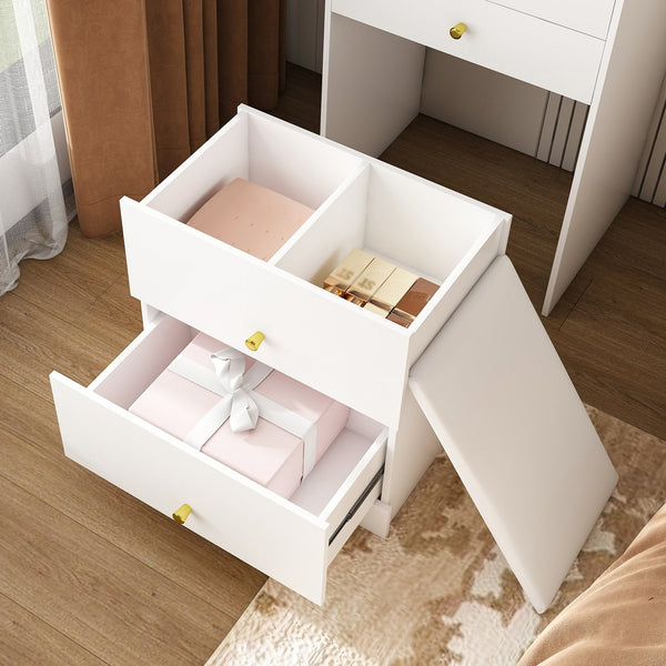 English Elm 3-in-1 Dressing Table with LED Mirror, Storage Stool & 4 Drawers – Compact White Vanity, MDF Organizer W2700P297923