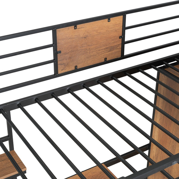 English Elm Twin Loft Bed with L-Shaped Desk and Wardrobe — Space-Saving Iron & Wood Design for Study & Storage Black SF000168AAB