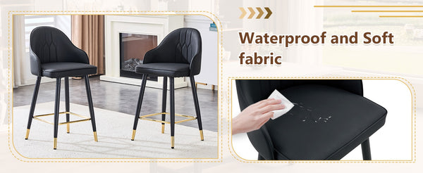 English Elm Set of 2 Pu Leather Barstools with Gold Footrest Curved Back for Kitchen Island Black W1151P383770