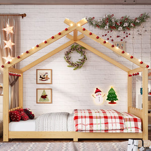 English Elm Twin House Frame Floor Bed Solid Pine Kids Room Montessori Low Profile Play Nook W1580P387841