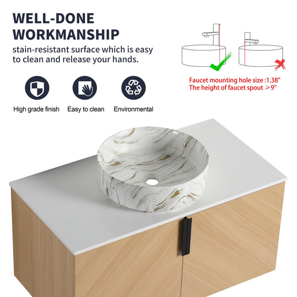 English Elm 36" Modern Bathroom Vanity With Ceramic Sink & Stone Slab, Wall-Mounted, Soft-Close Doors, Oak Finish W999S00450