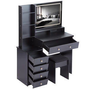 English Elm 41" Large Vanity Table Set With Cushioned Stool, Led Touch Mirror, Power Station & Dryer Stand W936P230831