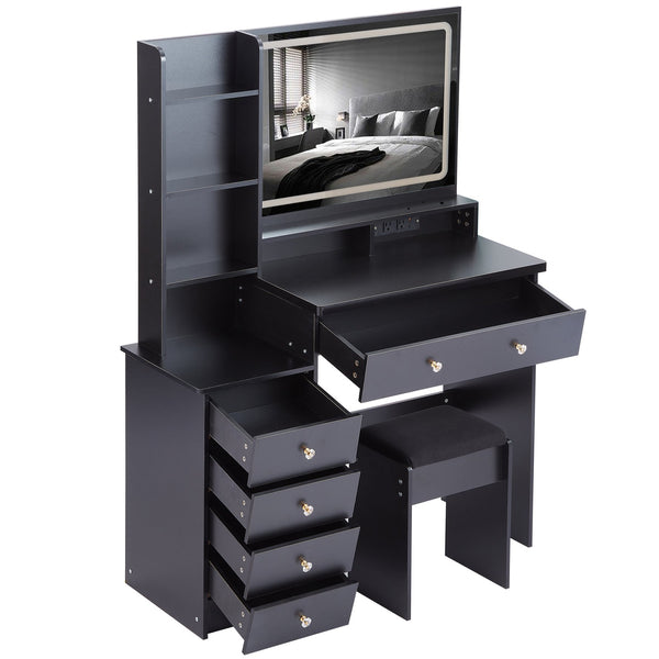 English Elm 41" Large Vanity Table Set With Cushioned Stool, Led Touch Mirror, Power Station & Dryer Stand W936P230831