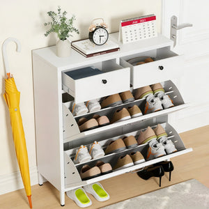 English Elm Shoe Cabinet Slim Steel Entryway Organizer with Flip Compartments and Retro White Finish T2398P413025