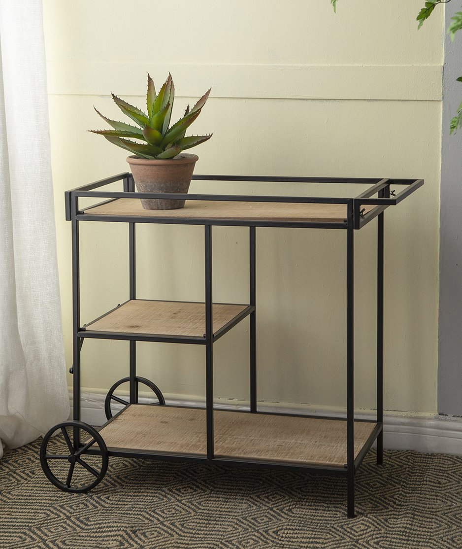 English Elm 32.3x15.7x26.8" Modern Bar Cart with 3 Wooden Tiers, Black Metal Frame & Rear Wheels for Easy Mobility W2078P180762