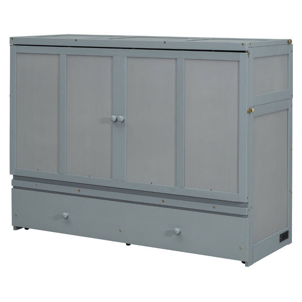 English Elm Queen Murphy Wall Bed with Pull Out Drawer and Built in Usb Charging Cabinet Gray N708P205905E