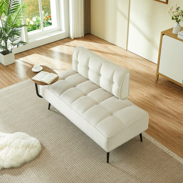 English Elm 54-inch Velvet Tufted Loveseat with Rotating Tray Table Nailhead Trim Compact Seating Beige W1359P438328
