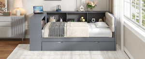 English Elm Wood Twin Platform Bed Linen Headboard Storage Shelves Trundle Charging Station Gray N709P004023E