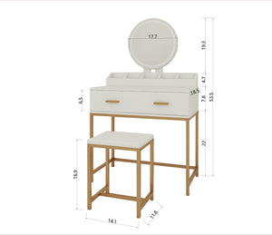 English Elm Vanity Chic Ancient White Makeup Table with Mirror & Stool, Gold Accents, Compact Storage for Small Spaces W2139P306366