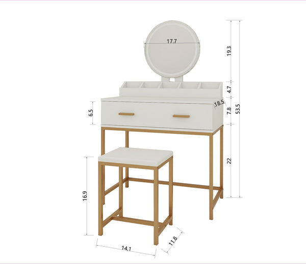 English Elm Vanity Chic Ancient White Makeup Table with Mirror & Stool, Gold Accents, Compact Storage for Small Spaces W2139P306366
