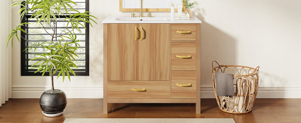 English Elm 36" Wood Bathroom Vanity Cabinet with Solid Frame, Ceramic Sink, Soft-Close Doors & Organized Drawers N729P321351N