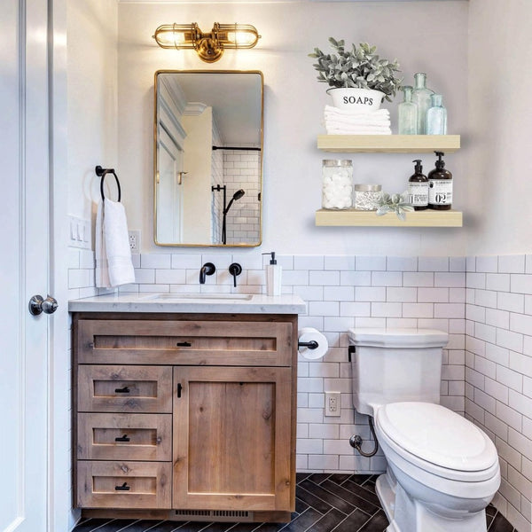 English Elm Bathroom Floating Shelves Matte Steel Set of 2 Farmhouse Wall Mounted Storage Natural W2181P474867