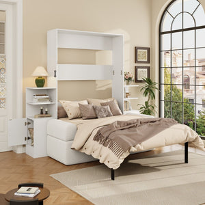 English Elm Full Size Murphy Bed System with Integrated Sofa and Storage Towers for Guest Rooms White LP000380AAK