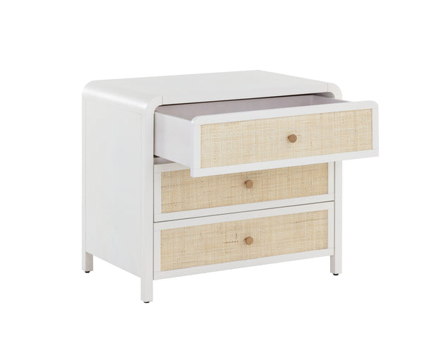 Sunpan Tierra Coastal Nightstand with Rattan Drawers, Antique White Finish & Soft Close Mechanisms
