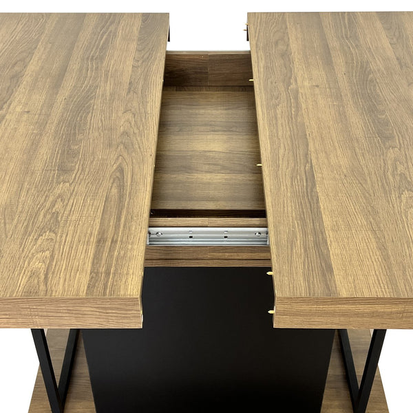 English Elm Rectangle Extendable Dining Table for 6-10 Guests, Aged Wood Look with Thick 12cm Top & Sturdy Feet Black+Brown W1347S00009