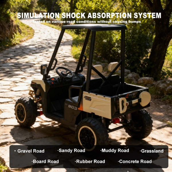 English Elm 24v Kids Electric Golf Cart Two Seat 4wd Ride on Toy with Remote and Sun Shade Beige W3822P387465