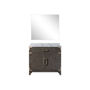 English Elm Brown Oak Single Bath Vanity With Carrara Marble Countertop & Matching 34" Mirror For Elegant Style B2731S01459