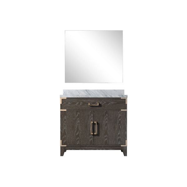 English Elm Brown Oak Single Bath Vanity With Carrara Marble Countertop & Matching 34" Mirror For Elegant Style B2731S01459