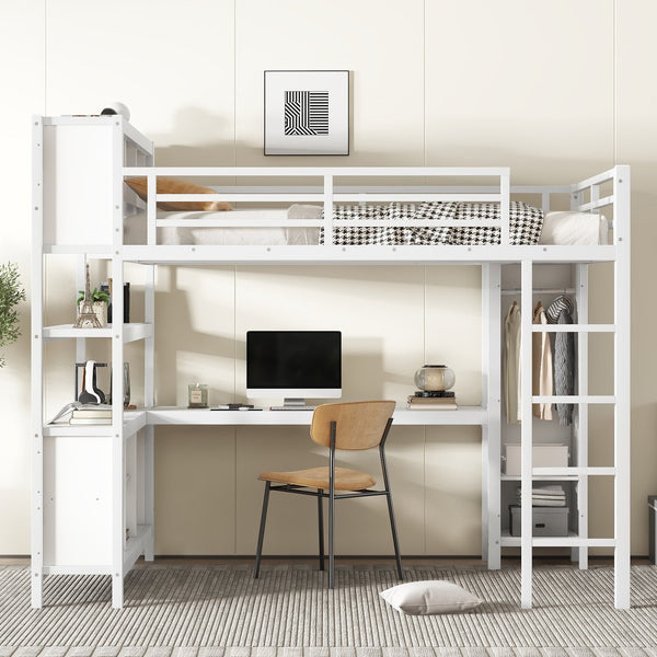 English Elm Metal Queen Size Loft Bed With L-Shaped Desk, Storage Cubes & Shelves For Kids, Teens & Adults W1580S00108