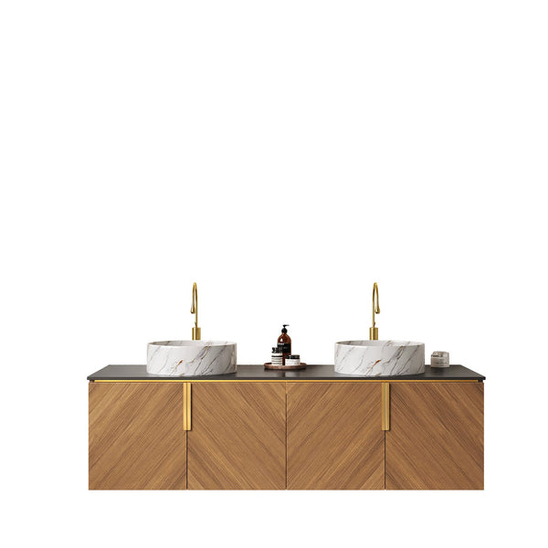 English Elm ARAI 60" Bathroom Vanity with Dual Ceramic Vessel Sinks, Sintered Stone Top, Plywood Storage Cabinet with Soft-Close Doors and Brushed Gold Handles Black,Brown Oak,Stone White W2615S00447