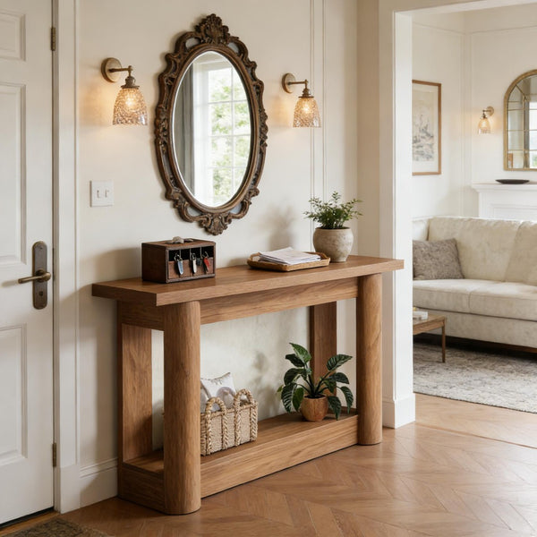 English Elm Practical Geometric Console Table with Matte Black Wood Grain Finish for Entryway or Sofa T3971P453271