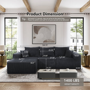 English Elm 4-Piece Modular L-Shaped Sectional Sofa with Corduroy Upholstery, Convertible Chaise, Pillows Included Black W3163S00038