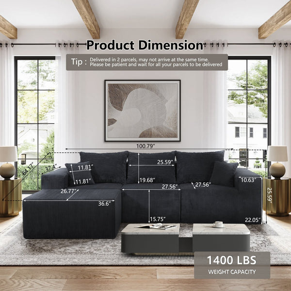 English Elm 4-Piece Modular L-Shaped Sectional Sofa with Corduroy Upholstery, Convertible Chaise, Pillows Included Black W3163S00038