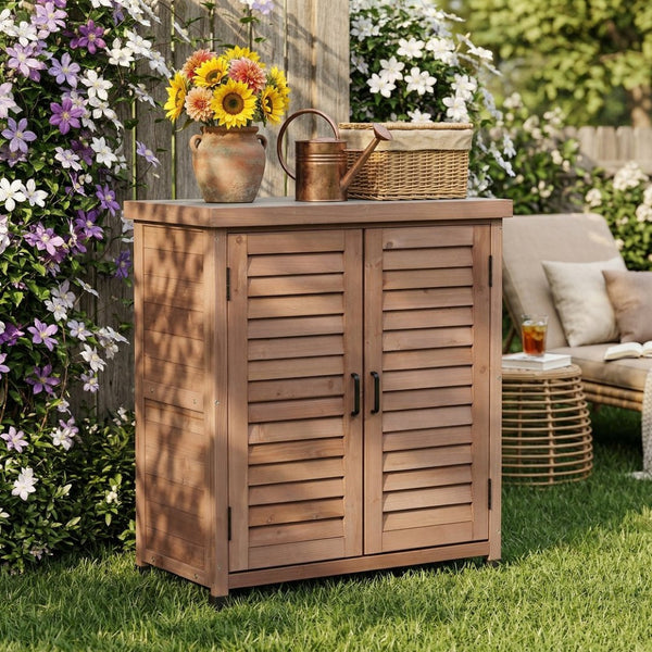 English Elm Potting Bench Solid Wood Workstation with Metal Top Louvered Cabinet Outdoor Garden Brown W2640P228401