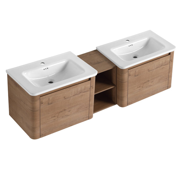 English Elm 68'' Wall-Mounted Bathroom Vanity with White Ceramic Sink, Plywood Shelves, Soft-Close Door Elegance W999S00382