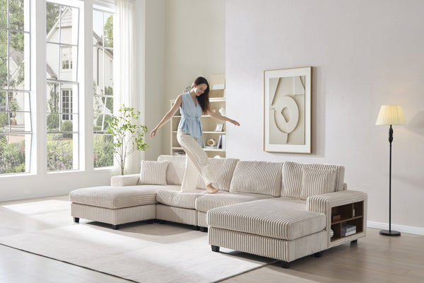 English Elm Convertible U-Shaped Sofa With Storage, Cozy Corduroy Fabric, Modern 4-Seat Design For Living Rooms W1793S00027