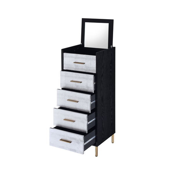 English Elm Myles Black Jewelry Armoire with Silver & Gold Accents, Mirror, 4 Drawers, Metal Legs, Compact Storage B2726P279129