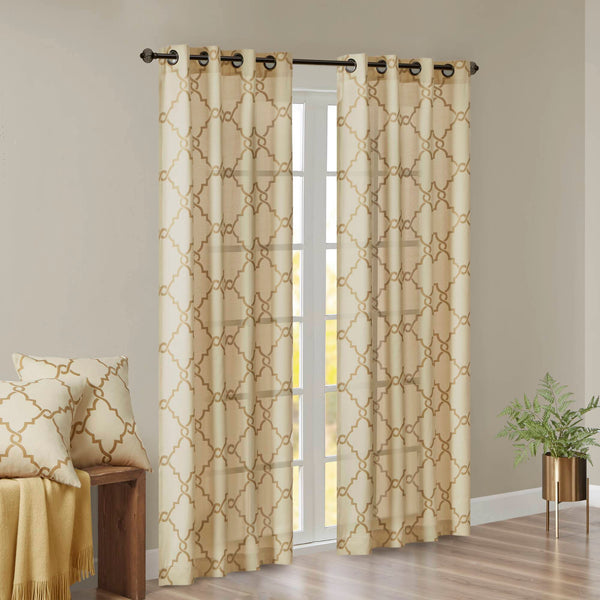 JLA Home Madison Park - Fretwork Metallic Fret Print Curtain Panel with Gunmetal Grommets — Textured Cotton-Blend Light Filter Beige/Gold MP40-3599