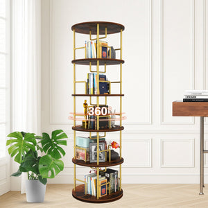 English Elm 5 Tier Rotating Bookshelf Tower with 360° Spin, Space-Saving Corner Display, Modern MDF Storage Unit Golden W3204P354235