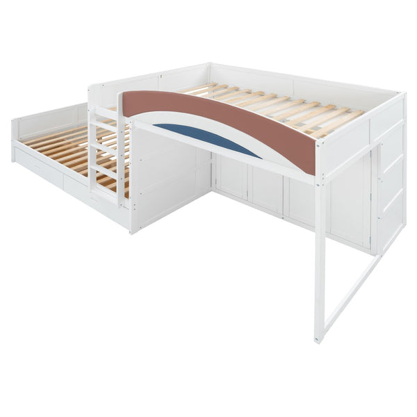 English Elm Full Size Offset Bunk Bed with Wardrobe Hanging Rod Drawers and Upholstered Rail White N820S00081K