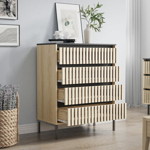 English Elm Fluted,4 Drawer Chest with Slatted Fronts — Large Capacity Freestanding Storage, Natural+Black Finish W2673P208644