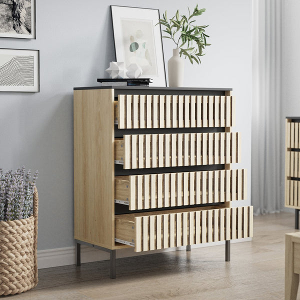 English Elm Fluted,4 Drawer Chest with Slatted Fronts — Large Capacity Freestanding Storage, Natural+Black Finish W2673P208644