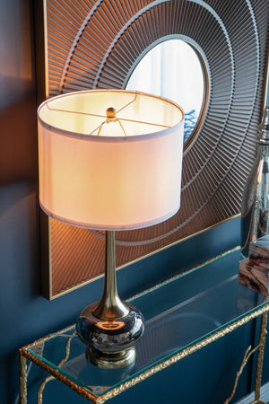 English Elm D15x29" Modern Brass Table Lamp with Reeded Bamboo Stem and Drum Shade — Chic Preppy Lighting Accent Multicolor W2078P326345