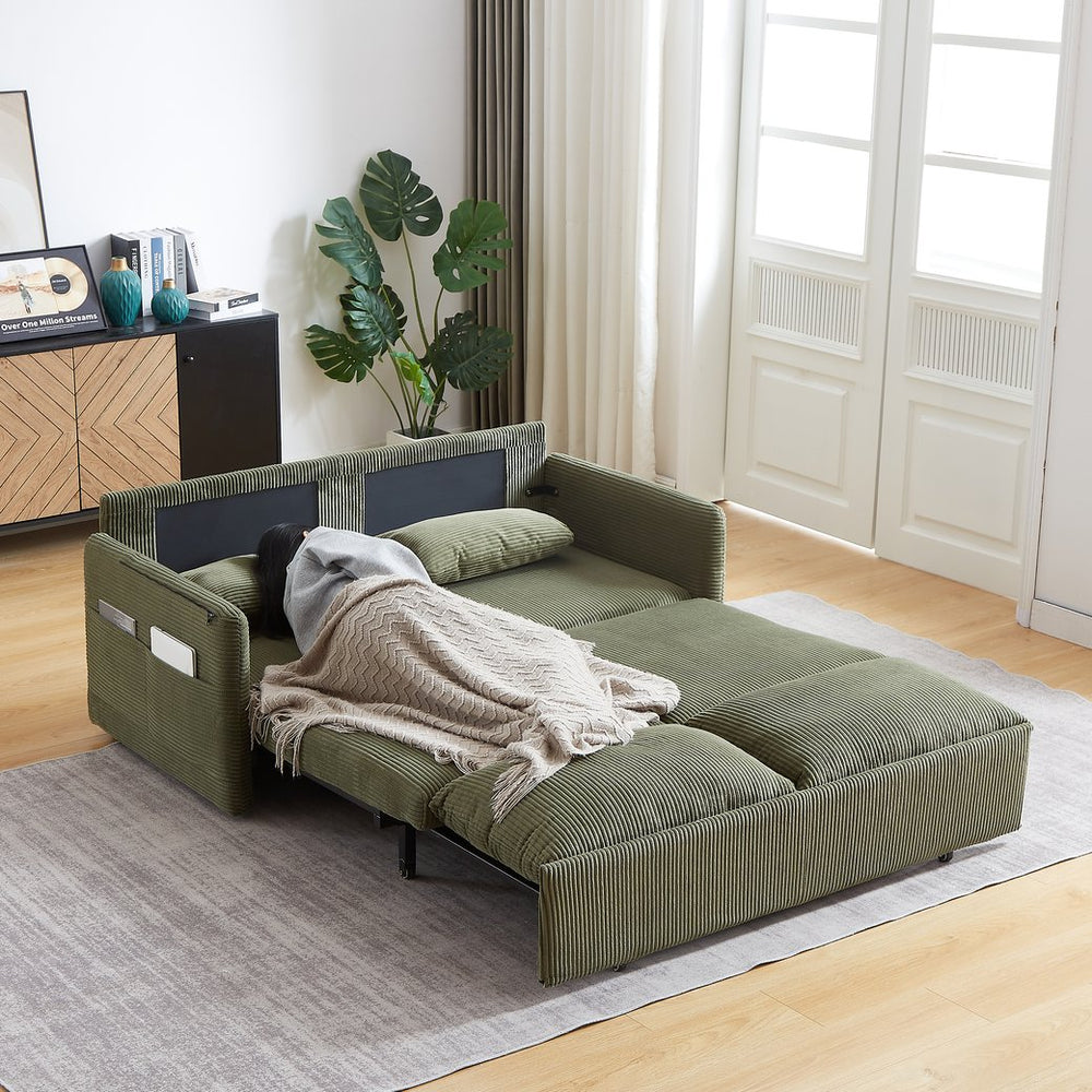 English Elm MH'' MH' 64.5 Inch Sleeper Sofa Bed with Corduroy Upholstery, Sturdy Wood & Iron Frame, 3-in-1 Convertible Comfort Green W1193S00127