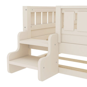 English Elm Twin Kids Platform Bed with Trundle Staircase Bookshelf and Rounded Safety Rails Beige W1580S00556
